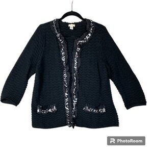 Chico’s sweater blazer or cardigan with ruffled trim black and white neutral 2
